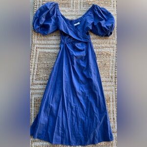 Amalie Linen Blend Puff Sleeve Midi Dress Blue Size 6 Cottagecore Boho